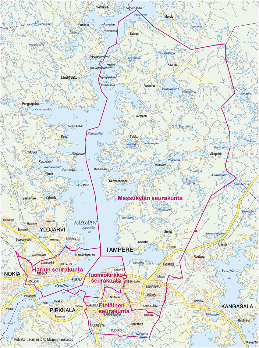 Tampereen aluekarttaan on piirretty Tampereen seurakuntien rajat.